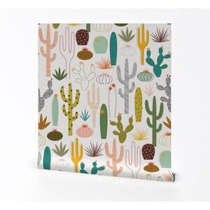 Spoonflower Cactus Pattern Wallpaper Peel-and-Stick Desert Theme Decor 24x108